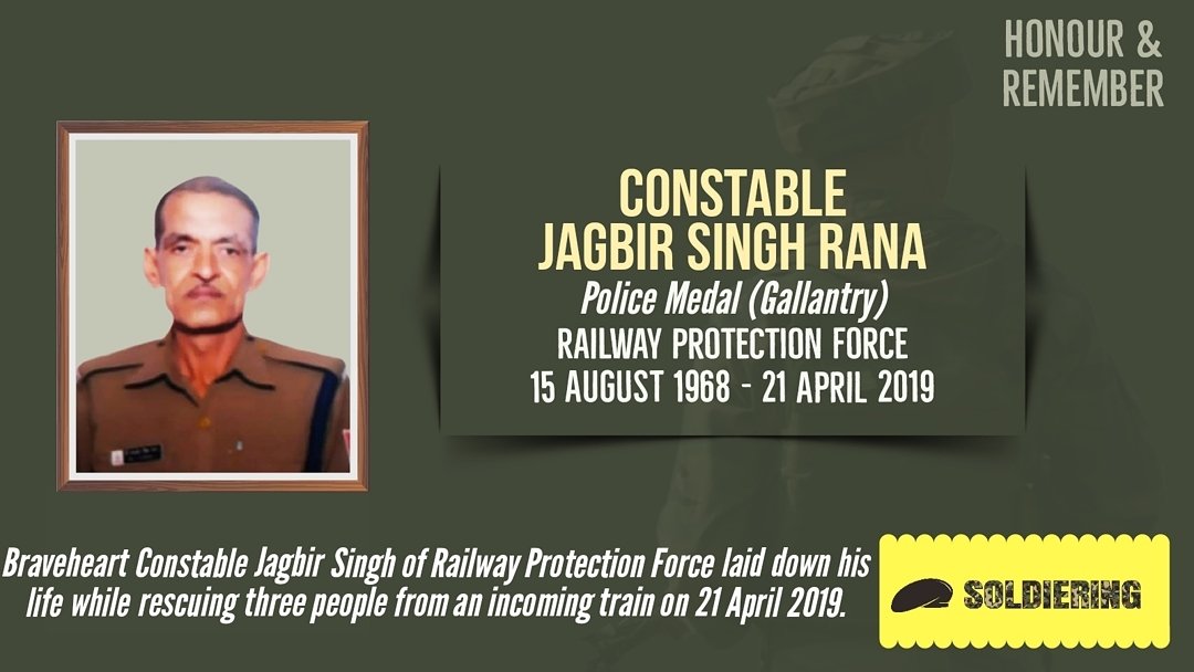 Today, we honour and remember #Braveheart Constable Jagbir Singh, #PoliceMedal (Gallantry) of #RPF who laid down his life while rescuing three people from an incoming train in #Delhi on 21 April 2019. The nation will never forget his bravery and sacrifice. @RailMinIndia