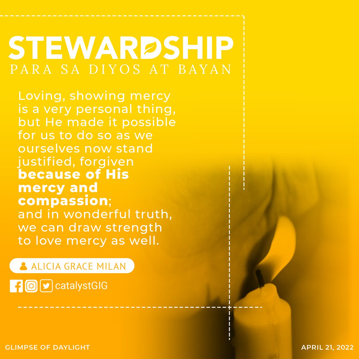 CatalystGIG's tweet photo. Catalysts, may we also see through God's lenses and look beyond what a person deserves — not turning a blind eye to injustices but still with accountability!

#Stewardship
#ParaSaDiyosAtBayan
#RayOfHope
#DailyDoseOfInspiration
#CatalystGlimpseOfDaylight https://t.co/DCtNi3f0GT