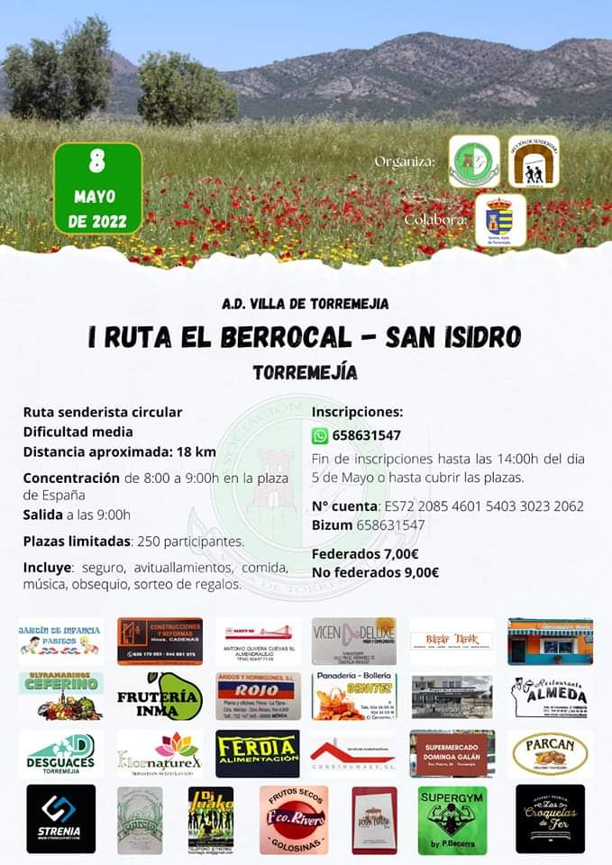 Ruta organizada por nuestra asociación para el 8 de Mayo, seguro que os encantará.
  Ya se pueden hacer las inscripciones al tf.658631547 , las plazas son limitadas.