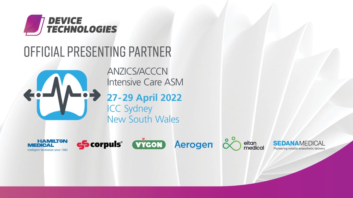 #2022ASMSydney 
Visit Device Technologies at booth 4 to learn about technologies from Hamilton Medical, Corpuls, Vygon, Aerogen, Eitan Medical and Sedana Medical.
intensivecareasm.com.au