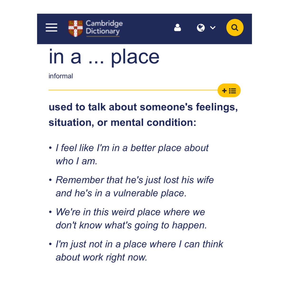 MHawhereness's tweet photo. Maybe it’s a good day to learn a new idiomatic expression related to #MentalHealth, yes?

“In a good place” may mean that someone is emotionally in a good state, or mentally healthy. 💚🤗

Read some of Google search results on the meaning of this idiom: https://t.co/vzaRwpXHLU