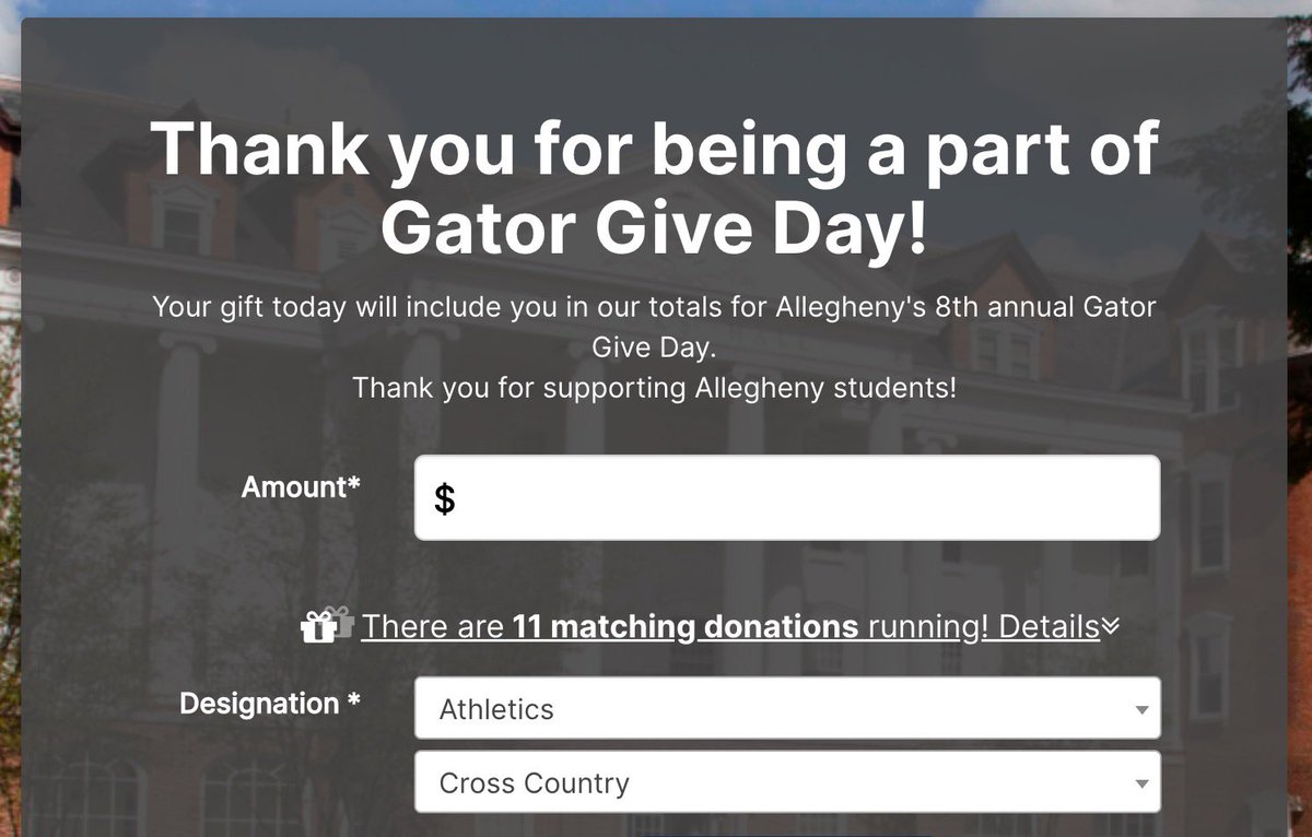 AlleghenyXCTF's tweet photo. Gator Give Day is tomorrow!! Donate to our teams by selecting us in the athletics designation! Help support us for the seasons to come. Your donations will go towards new equipment for the team such as compression boots! #GatorGiveDay

https://t.co/stv7DYtnp0 https://t.co/yM531lRiBb