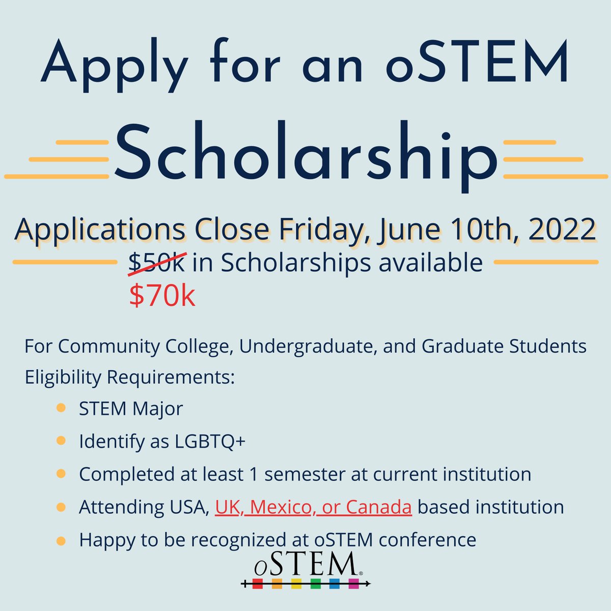 The oSTEM scholarship program is back for 2022! Applications open today and will be open until June 10th! There are opportunities for community college, undergraduate, and graduate students! Check out bit.ly/3uyFL1M for more information and to apply! #scholarship #STEM
