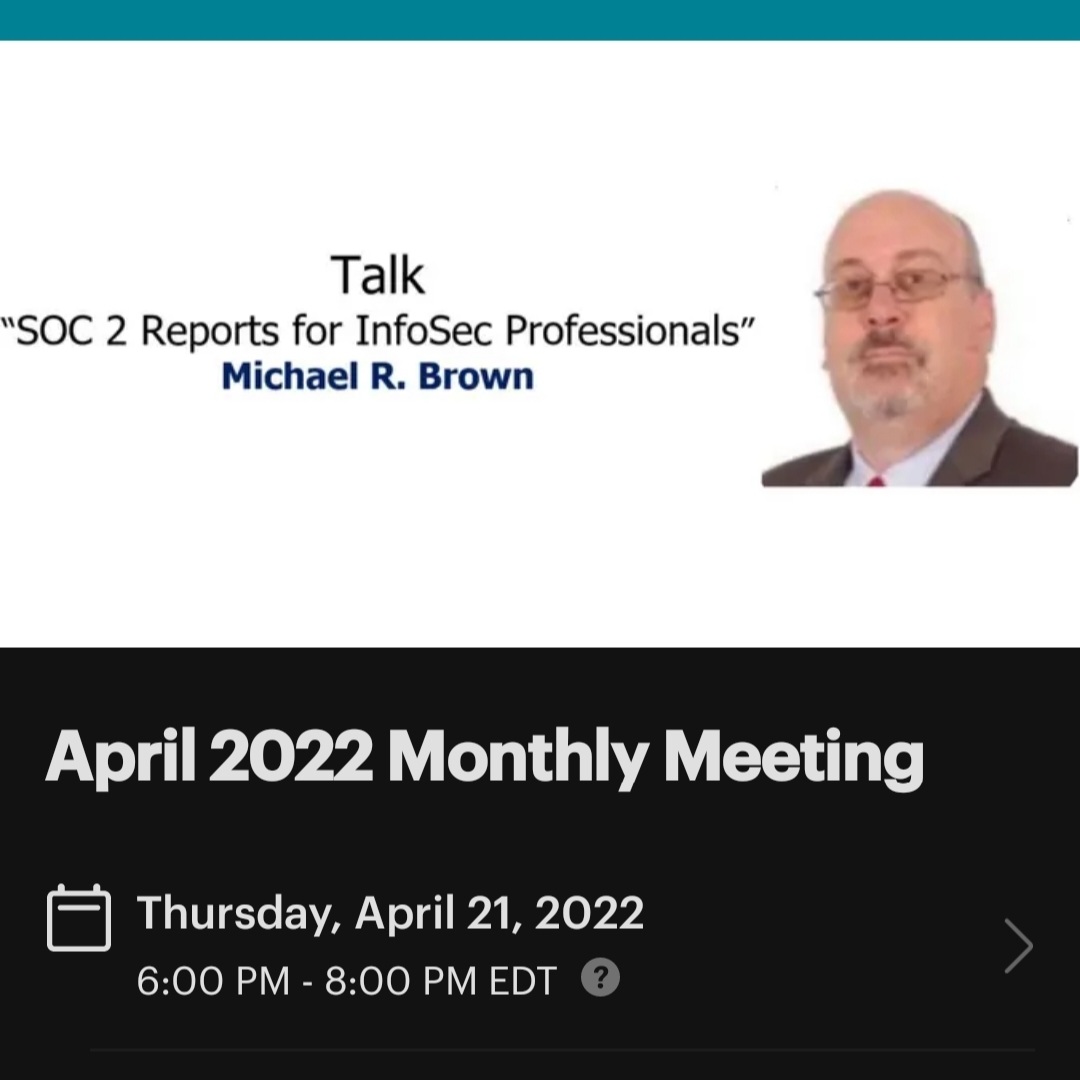 SFISSA's tweet photo. On #ThirdThursday April 21 @ 6 PM,

@ISSAINTL #Fellow @EMB021 
(#CISSP #HCISPP #CISA #CISM #CGEIT #CRISC #GSTRT #GSLC #CDPSE #ITIL) will be hosting a talk:

#SOC2 Reports for #InfoSec Professionals

#REGISTER on @Meetup for Two (2) #CPE's &amp; @Zoom link:

https://t.co/T3Cz9TBE0H https://t.co/jJOTswIfwY