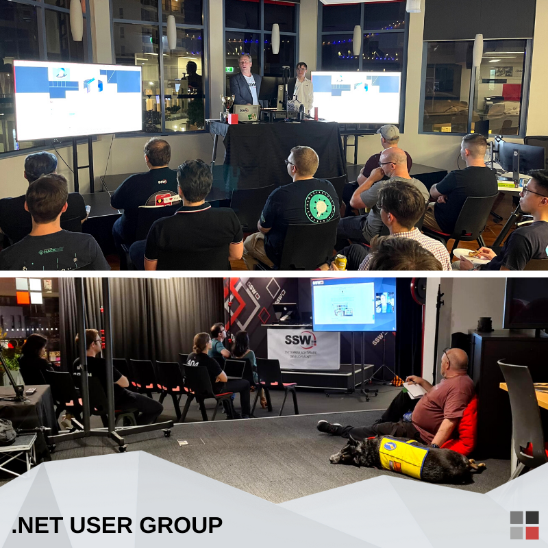 SSW_TV's tweet photo. Last night we had @LukeParkerDev presenting "Prototype in Production - From #TechDebt to a #VSA" from our BNE office. 🎤 @AdamCogan presented the latest #tech news &amp; then Luke presented his #talk. Thanks to everyone who attended - We loved seeing people in person again!🧑‍💻🐕‍🦺 https://t.co/AtOoADQCaR