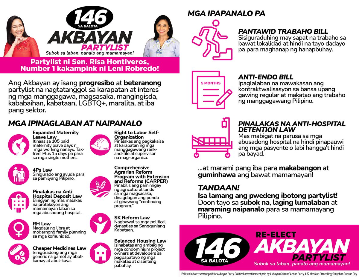 AkbayanParty's tweet photo. Ang Akbayan Partylist ay may mahabang rebiso ng panalo para mamamayang Pilipino. Nagpasa ng pinakamahahalagang mga batas, kinakatawan ng mga mahuhusay na lider gaya ni Sen. Risa Hontiveros, at number 1 kakampink ni Leni Robredo! Dito tayo sa subok na! #146Akbayan #AkbayanSiLeni https://t.co/qblFLrdgT8