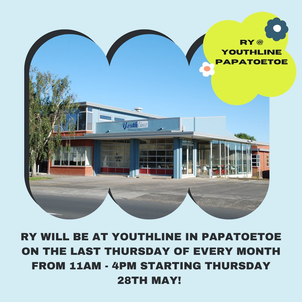 This time next week we'll be at @youthline in Papatoetoe and the good news is that it's not a one off!

Every last Thursday of the month from 11am - 4pm there'll be staff to hang out with, kai, game and answers to questions about RY support, groups, events!