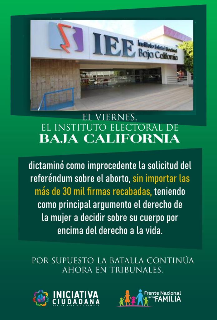 FNxFamilia's tweet photo. El @IEE_BC dictaminó improcedente la solicitud de Referéndum sobre aborto, sin importar las más de 30 mil firmas, teniendo como principal argumento el derecho de la mujer a decidir sobre su cuerpo por encima del derecho a la vida. La batalla continúa en tribunales. #ReferendumBC https://t.co/xqPnKW1b3h