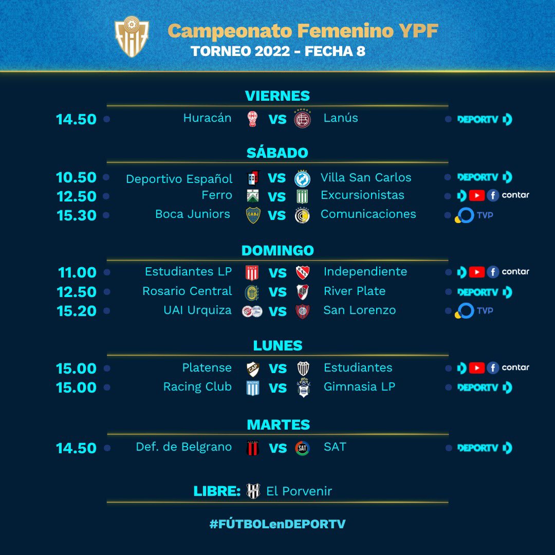canaldeportv's tweet photo. ⚽️ #CampeonatoFemeninoYPF 🏆 CAPÍTULO 8⃣

✅ Duelo excluyente: las líderes @clubuaiurquiza ante @CASLAFFemenino.

✅ Partidazo en el Gigante: @CARCfemenino recibe a @RiverPlateFem.

✅ Las escoltas @BocaFutFemenino reciben a @PrensaComu.

📝Toda la info: https://t.co/nFEkXj1MIt https://t.co/nd5RDeXrFQ