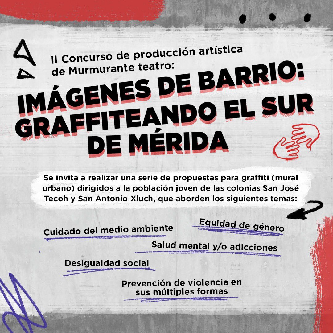 MurmuranteT's tweet photo. #NoticiasMurmurante #ComunidadMurmurante #FONCAMX 

¡Te estamos buscando! 👀🔍

IMÁGENES DE BARRIO: Graffiteando el Sur de Mérida 🎨🖌 

¡Queremos que formes parte de la 𝗖𝗼𝗺𝘂𝗻𝗶𝗱𝗮𝗱 𝗠𝘂𝗿𝗺𝘂𝗿𝗮𝗻𝘁𝗲! 🤝

Consulta toda la información en 👉🏼 https://t.co/3dFO0RuMBA https://t.co/uSzCmW2Ia1