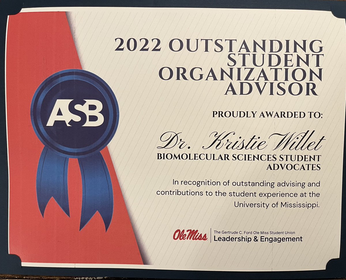 KriWillett's tweet photo. @OleMissBMS @OlemissBSA leaders won big tonight at the ASB Awards - grateful for all they do for our Department, School and our Community. They surprised me too - thanks for your nomination and support 🙏🏻 https://t.co/TFpnggmXbX