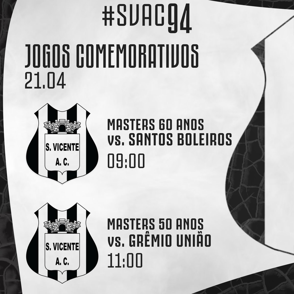 SVAC1928's tweet photo. Amanhã é dia de comemorar o aniversário de 94 anos do Calungão, e quem é de São Vicente pode assistir aos jogos comemorativos no Mansueto Pierotti!

Lembrando que a entrada é franca 😉🤍🖤 https://t.co/YyBqlqpHyZ