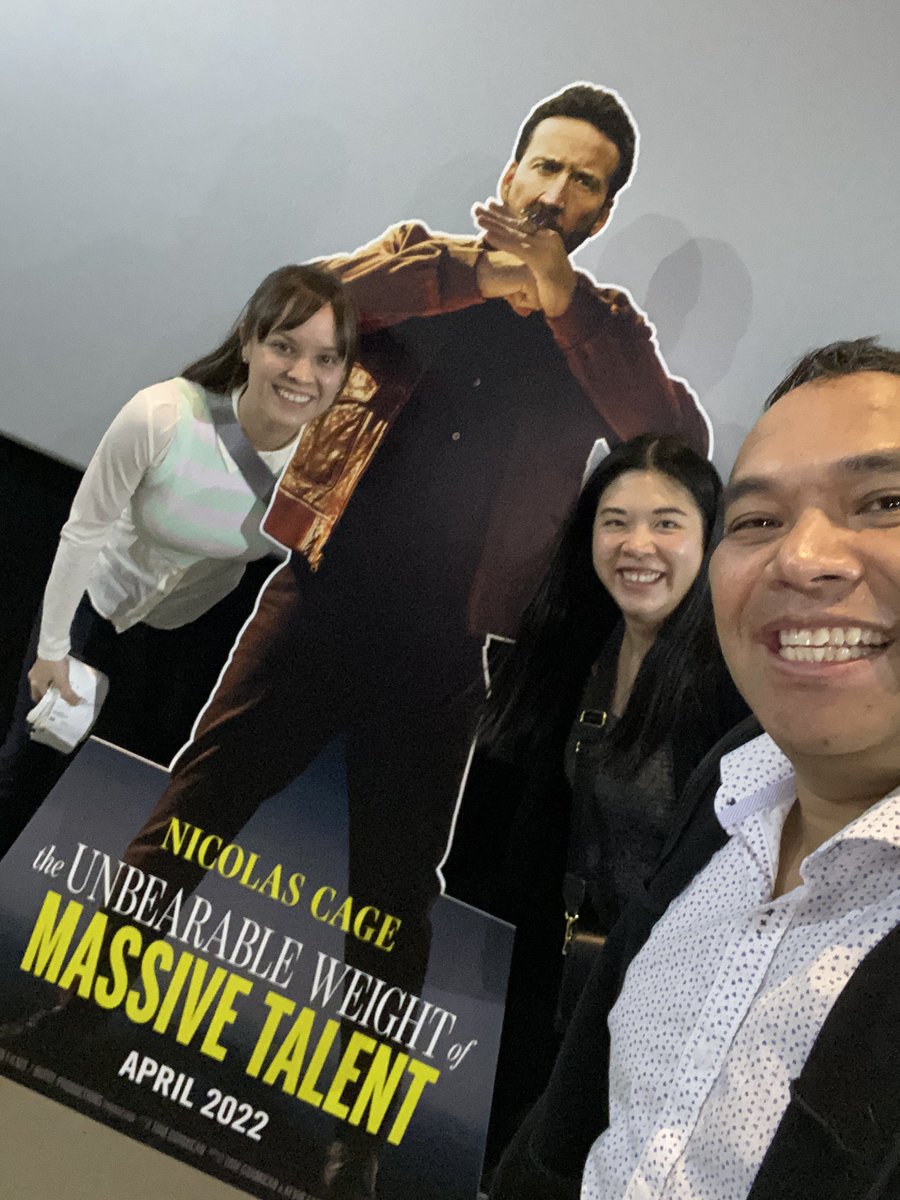 RobButler's tweet image. I just hosted the advanced screening of The Unbearable Weight of Massive Talent (@NickCageMovie) tonight at Cineplex VIP Lansdowne.

We are posing with my boy #NicholasCage, Grace, and Erin!

#MassiveTalent #MassiveTalentOTT