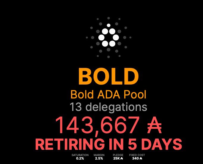 Sad day for the BOLD pool.  We decided to retire the pool today.  A month ago we had over 1M staked with us and it came and went just as fast.  It’s been so great being part of this SPO community and the <a href="/AllianceXspo/">xSPO Alliance</a>  We will be sticking around but not as an SPO for now.