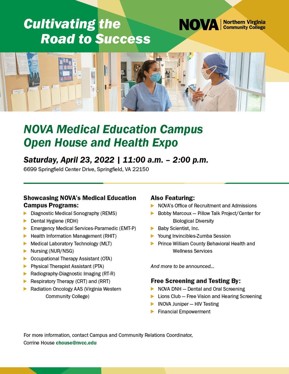 Learn about NOVA's Medical Education programs, tour campus, and participate in their health fair this Saturday, April 23 from 11:00 a.m.- 2:00 p.m. No pre-registration necessary!