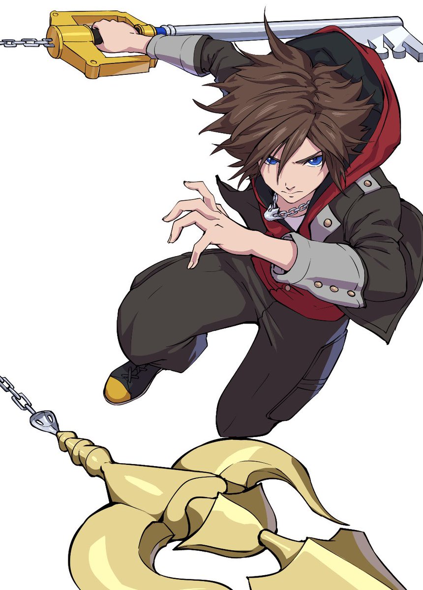 sora (kingdom hearts) 1boy male focus blue eyes brown hair solo hood jewelry  illustration images