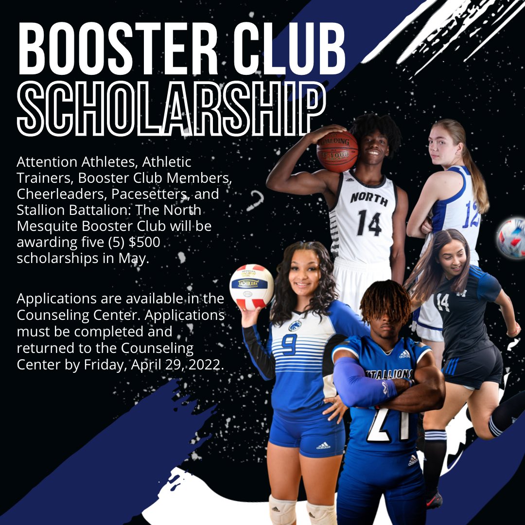 North Mesquite HS (@northmesquitehs) on Twitter photo The booster club scholarship deadline has been extended!
One week left to stop by the counseling center to pick up your application!
<a href="/NMHS_girlssoc/">Lady Stallions Soccer</a> <a href="/nmstallionhoops/">NM Stallion Hoops</a> <a href="/stallion_soccer/">North Mesquite Boys Soccer</a> <a href="/NM_StallionFB/">Stallion Football</a> <a href="/NMHSCoach_Smith/">Official NM Softball</a> <a href="/StallionAT/">NMHS Sports Med</a> <a href="/NMHSDrill/">NMHS Pacesetters</a> <a href="/NMHSB9/">NMHS Advanced Academics Center</a> <a href="/NMHSBoosterClub/">NMHS Booster Club</a> The booster club scholarship deadline has been extended!
One week left to stop by the counseling center to pick up your application!
<a href="/NMHS_girlssoc/">Lady Stallions Soccer</a> <a href="/nmstallionhoops/">NM Stallion Hoops</a> <a href="/stallion_soccer/">North Mesquite Boys Soccer</a> <a href="/NM_StallionFB/">Stallion Football</a> <a href="/NMHSCoach_Smith/">Official NM Softball</a> <a href="/StallionAT/">NMHS Sports Med</a> <a href="/NMHSDrill/">NMHS Pacesetters</a> <a href="/NMHSB9/">NMHS Advanced Academics Center</a> <a href="/NMHSBoosterClub/">NMHS Booster Club</a>