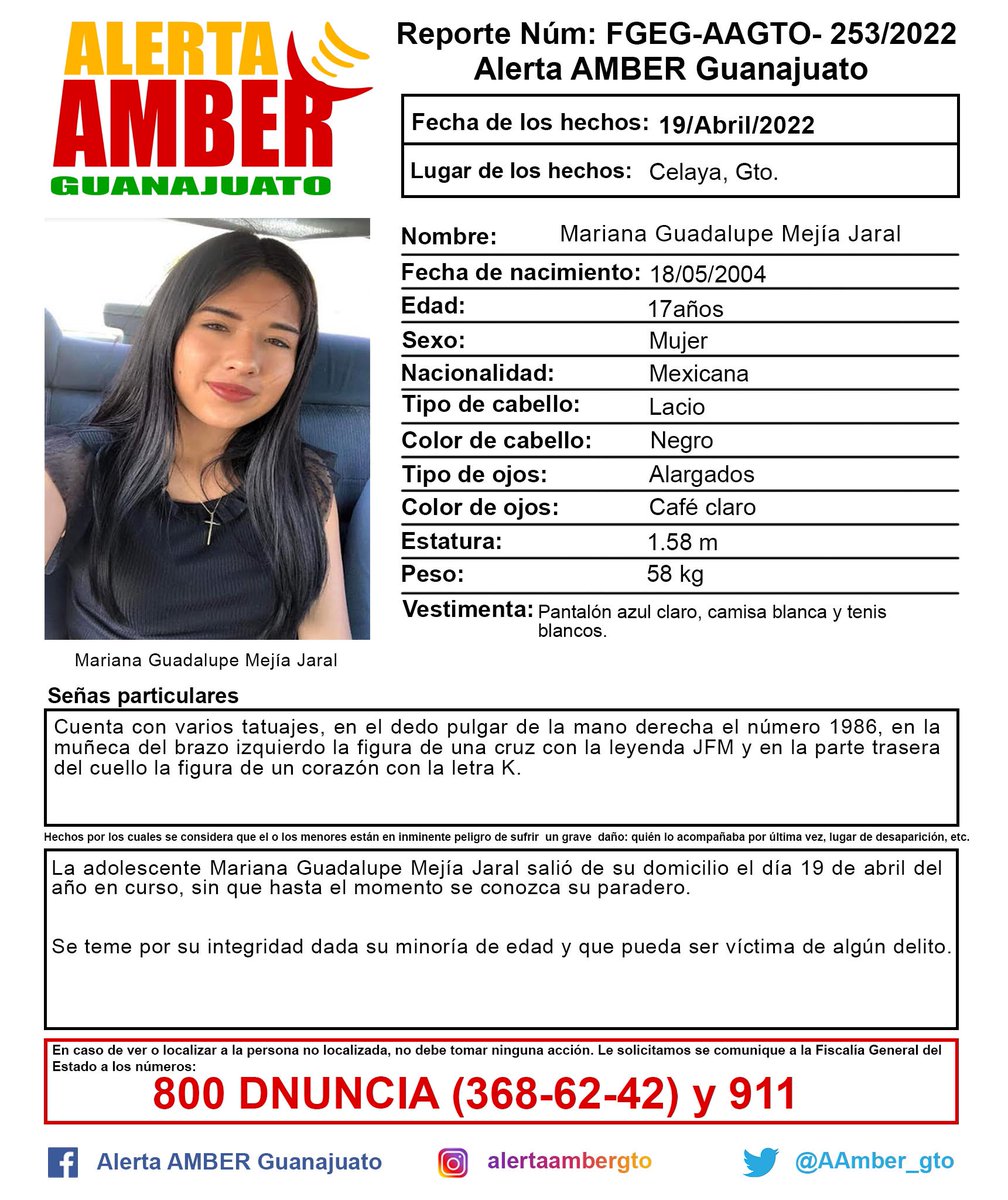 azucenau's tweet photo. Se activa la #AlertaAMBER para localizar a Mariana Guadalupe Mejía Jaral, 17 años de edad, que desapareció en Celaya, #Guanajuato https://t.co/X2IuRbPCEC