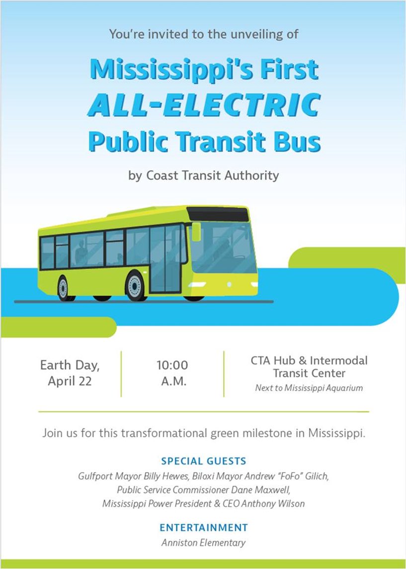 CityofGulfport's tweet image. The time has finally arrived to unveil Mississippi’s first all-electric public transit bus!! This will be part of Coast Transit Authority’s fleet! 💚

The event will take place this Friday at 10 AM at the CTA Hub and Intermodal Transit Center next to the Aquarium.