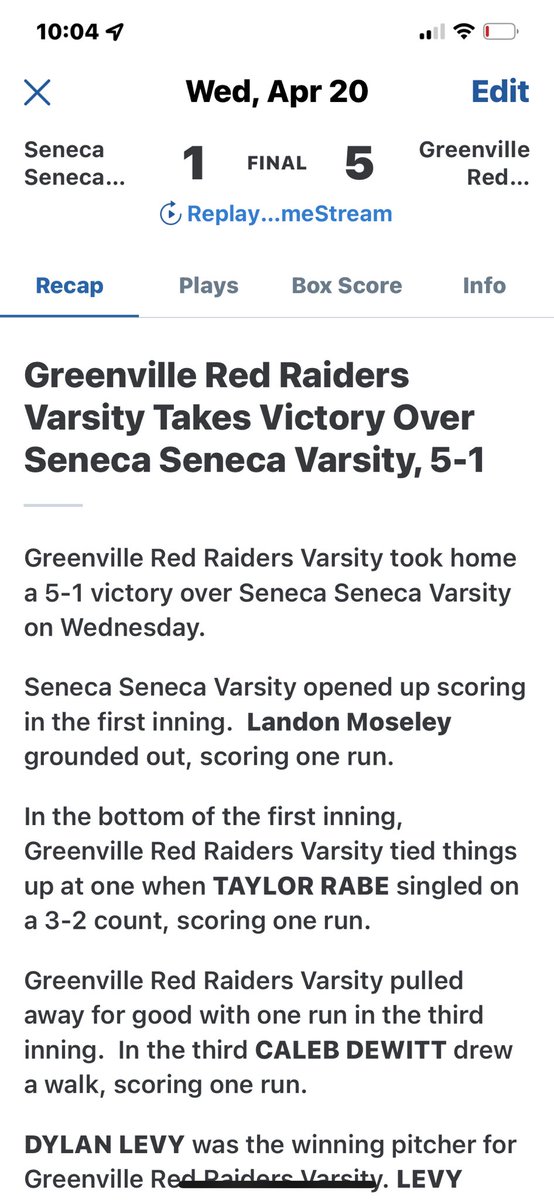 Greenville - 5
Seneca - 1
It was a beautiful evening for baseball and a special night for our specials needs students! 
<a href="/turpin_jackson/">Jackson_Turpin</a> HR
<a href="/RabeTaylor/">Taylor Rabe</a> 1-2, RBi, 2 BB
Dylan L, Trevor L and Taylor R were outstanding on the mound tonight 
Record 9-8