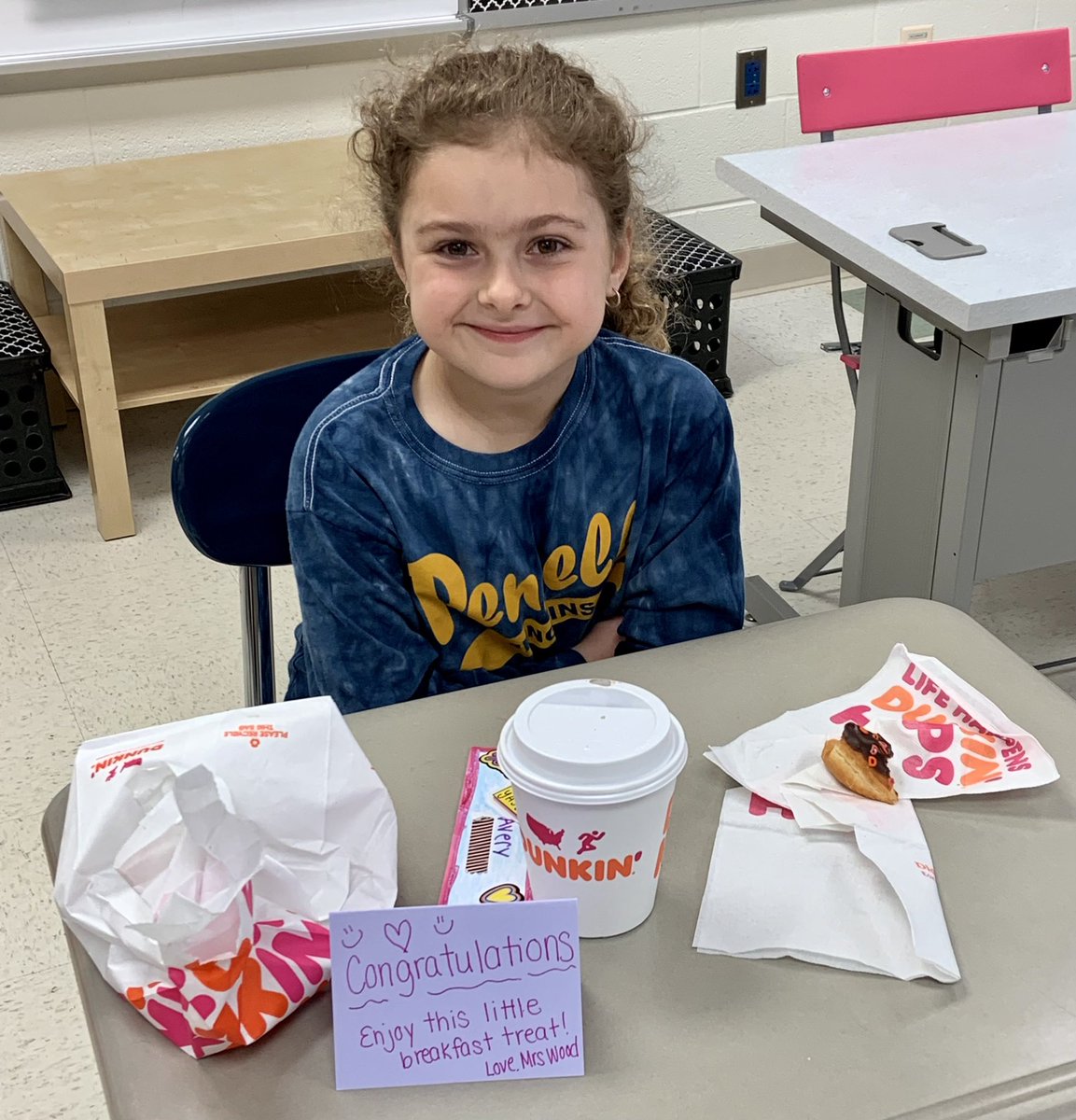 Avery won BIG at Bingo Night! She won two Dunkin’ breakfasts, one with me and one from @2ndwithmrswood! 🍩 Thank you <a href="/PennellPTO/">pennellPTO</a> for organizing and allowing us the chance to create these special moments! 💗 #PennellPride <a href="/jennyfish1023/">Jennifer Fisher</a>