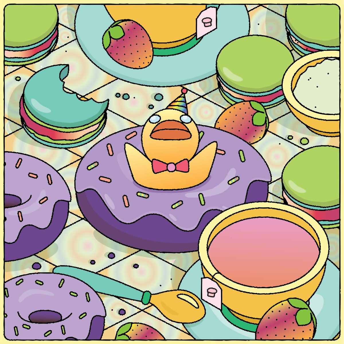 0xShoshi's tweet photo. I think there's something in this duck's tea! HAVE YOU SENT A DUCK TO THE "HIGH TEA PARTY" YET?! IT'S NOT TOO LATE!!! Get a duck, enter to win for a free beanie with some duckie color in the lines, and party on my frens! @RubberDuckBP #RDBP #DynamicDucks #DucksFlyTogether https://t.co/4c7qR4oidS