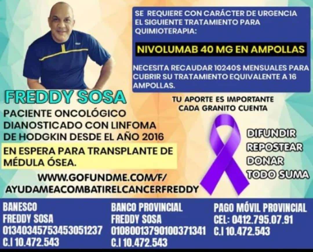 HernandMaricita's tweet photo. Hola @MamaLisVzla por favor nos apoyas con un retweet? el hermano de compañera de trabajo @sosamayra requiere Nivolumab en carácter de donación para  tratamiento oncológico ya que no cuenta con los recursos para adquirirlo. Mil gracias #UnidosPorLaSaludDeFreddy https://t.co/Qjr14GflPH