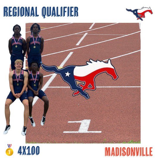 Congratulations to Blessing Ngene/Rayce Hudson/Jeramiah Burns/Devin Wheaton/Lorenzo Johnson for being Area Champions in the Boys 4x100. They also set a New School Record. <a href="/Rayce_Hudson25/">Rayce Hudson</a> <a href="/BlessingNgene_/">Blessing“𝔅𝔦𝔩𝔩”Ngene</a> <a href="/burns_jeramiah/">Jeramiah Burns</a> <a href="/TheLorenzoJr/">L.J. Johnson Jr</a> <a href="/MCISDAthletics/">Madisonville Tx Athletics</a> <a href="/MadisonvilleMet/">Madisonville Meteor</a>