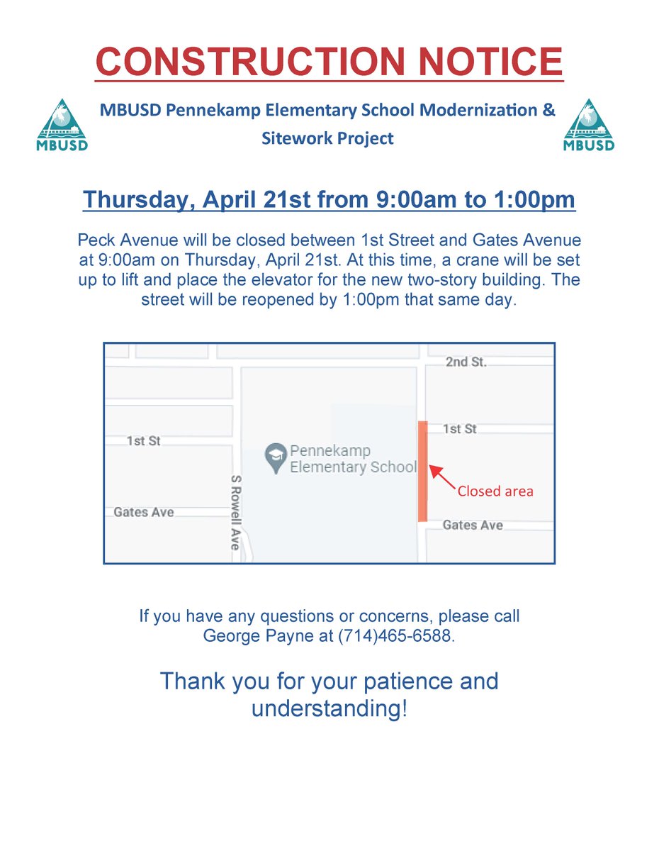 🚨 Peck Avenue will be closed tomorrow between 1st Street and Gates Avenue

🚨 Closure will take place from 9:00 a.m. - 1:00 p.m.