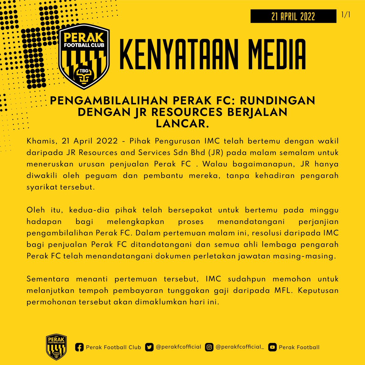 Kenyataan Media PERAK FC 

⚪️🟡⚫️

#PerakFC