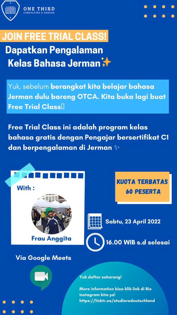 studieredeutsch's tweet photo. Masih ragu belajar bahasa Jerman bersama OTCA? Yuk ikuti Free Trial Class bersama Frau Anggita. Segera gabung karena kuota terbatas!

📢 Sabtu, 23 April 2022
⏰ 16.00 WIB
💻 Google Meets

Klik link di bio untuk info dan pendaftaran yaa ✨

bis bald! https://t.co/RCPMLSpoCd