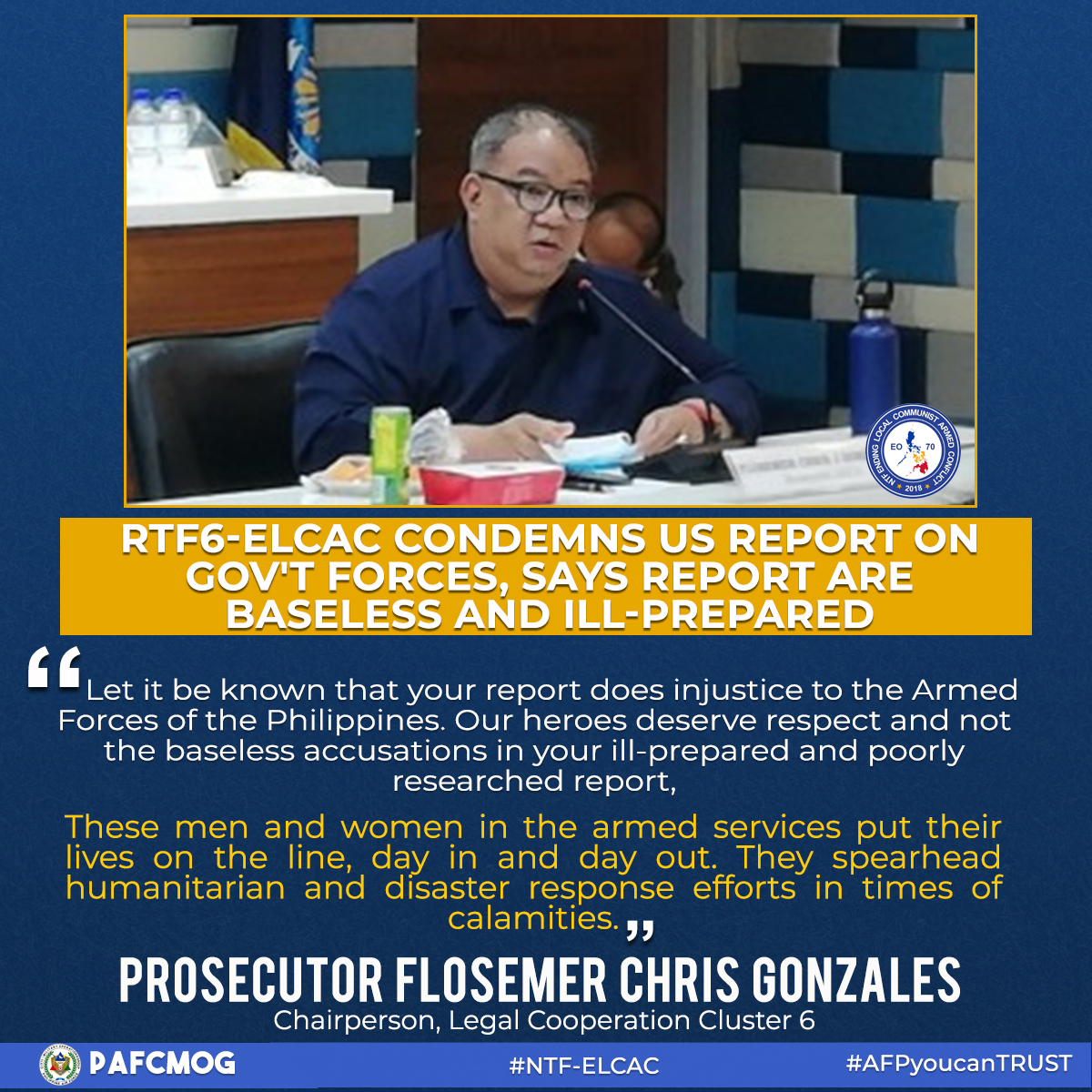 BALITA: Provincial Prosecutor 2 Flosemer Chris Gonzales ng RTF6-ELCAC, sinabing hindi tama ang pahayag na inilabas ng US Department ukol sa Human Rights Violation ng Sandatahang Lakas ng Pilipinas.

Basahin: pna.gov.ph/articles/11724…

#LipadPAF 
#AFPYouCanTRUST