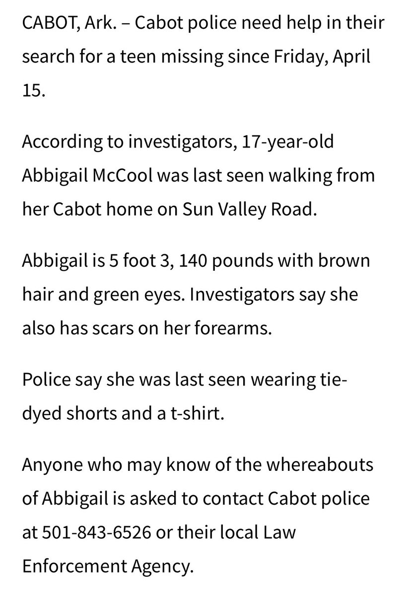 Serenams76's tweet photo. #AbbigailMcCool #missing 17 teen years old! Last seen April 15, 2022 Walking on Sun Valley Rd! #CabotArkansas Please RT . I havent seen anything about this girl yet! What if the duo who took #TrynyteeCase took this girl too? 1 hour away and within days! Lets find her! #help https://t.co/LEyGdw2TAT