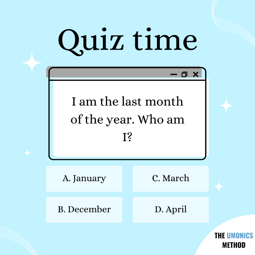 umonics's tweet photo. It’s Quiz time!
Here's a hint: Christmas will be celebrated this month.
Do you have any idea what it is?
Make sure to leave a comment below with your answer.
Website link: https://t.co/cotLwKk06q
#Months #Allaboutmonths #AlwaysLearning #LearnWithUmonics #theumonicsmethod https://t.co/kbl3jjLxFV