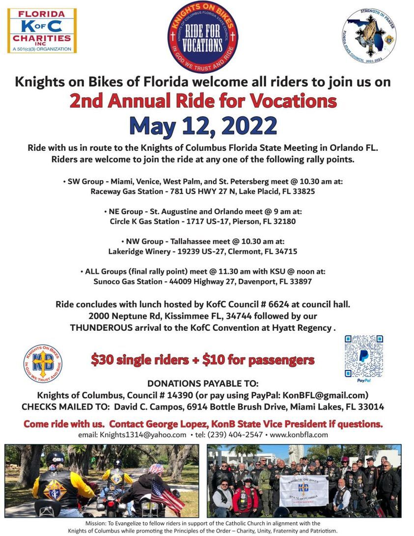 kofc_fl's tweet photo. Calling ALL riders!! Another very important and great ride on May 12, 2022! Join us as we “Ride for Vocations” en route to KofC State Convention Meeting in Orlando. #konbfla #orlandofl #southfl #miami #northfl #tampa #fortlauderdale #palmbeaches #jacksonville #kofc_fl #biker https://t.co/Jmn8e61VEp