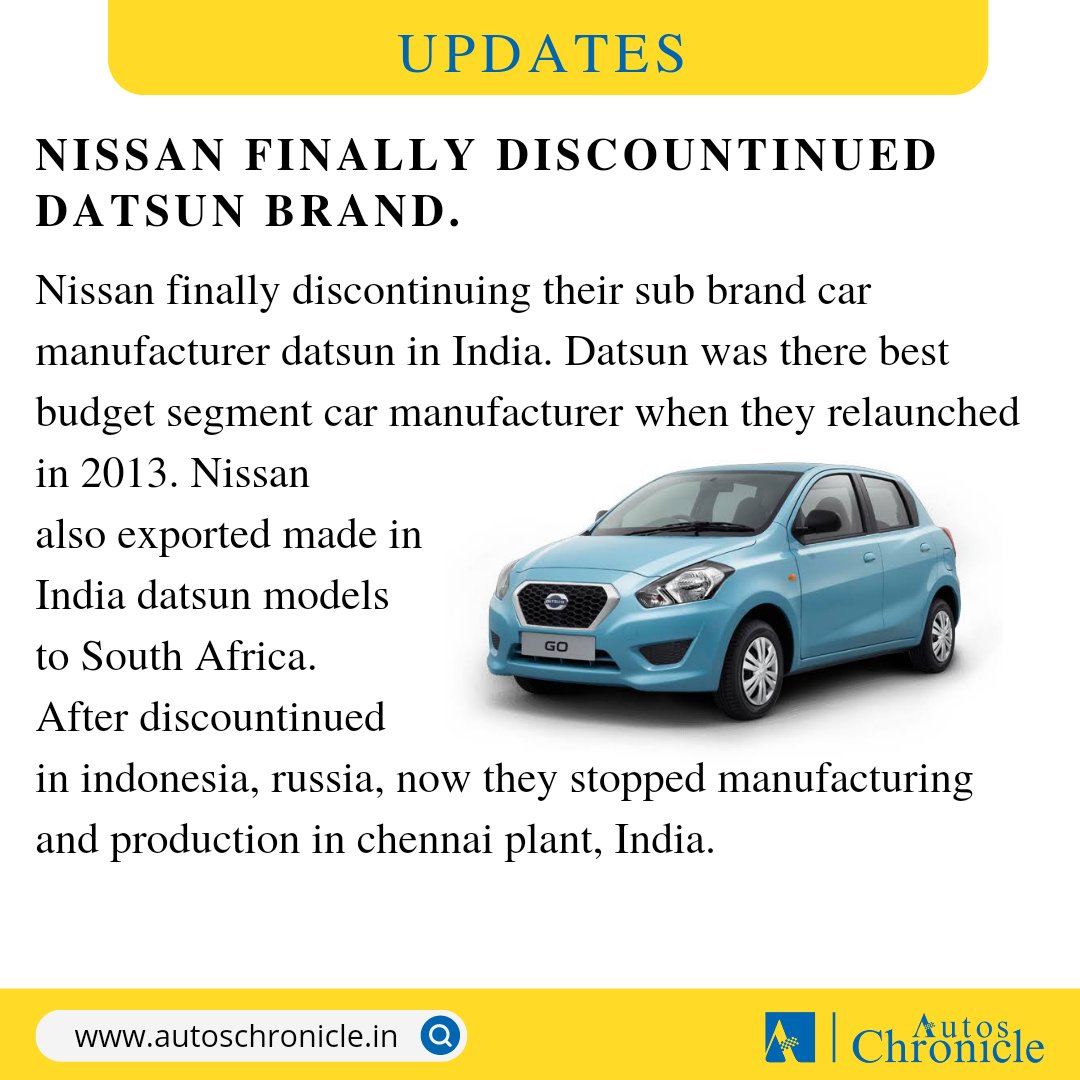 AutosChronicle's tweet photo. Finally Nissan discontinuing their sub brand #Datsun in india. 

#datsun #autoindia #autoschronicle https://t.co/fMuiZaEgQj