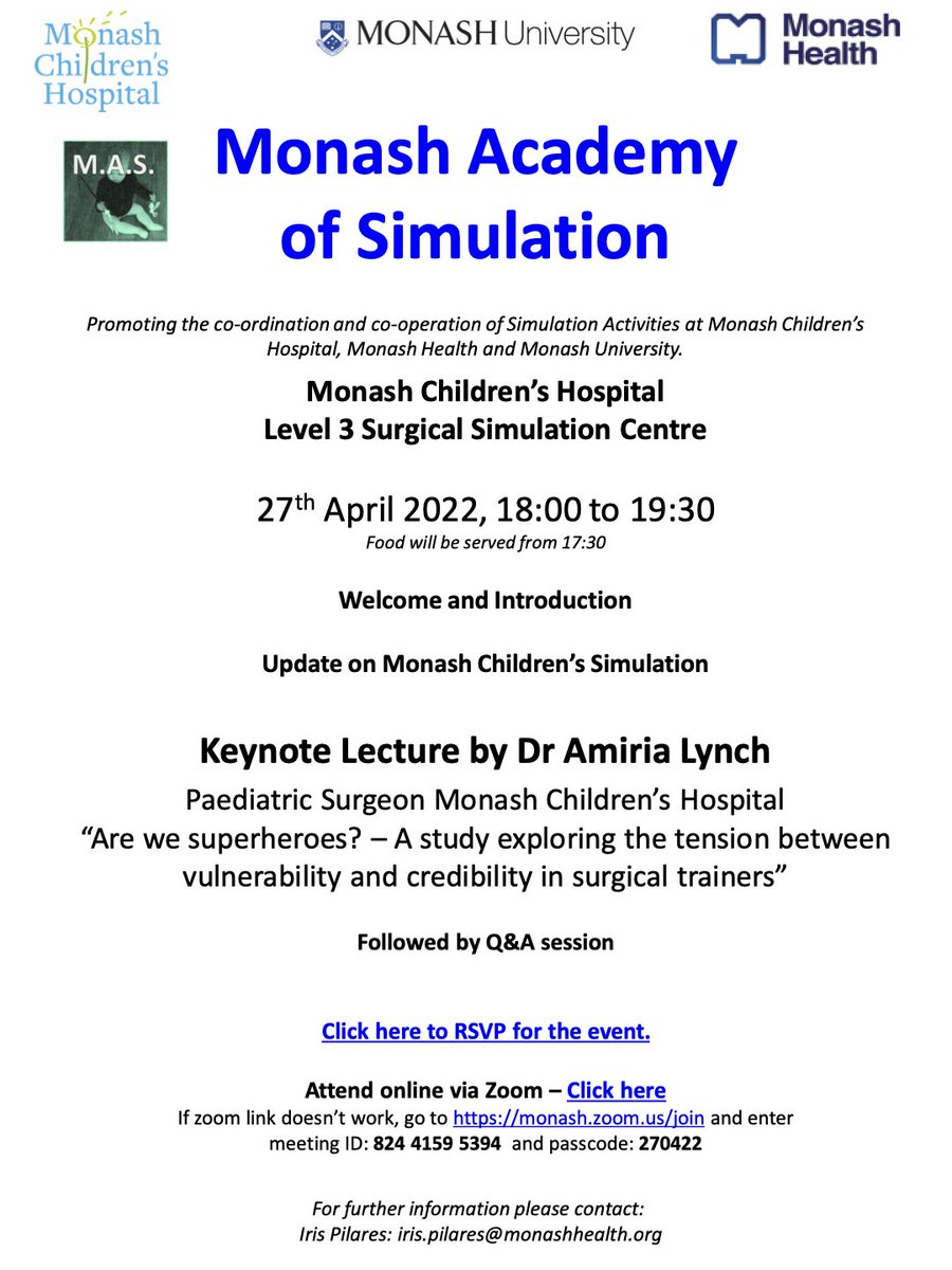MCH Sim (@mchsim) on Twitter photo One week left before we host our first MAS meeting for the year!
27th of April at 6:00PM to 7:30PM (GMT +10).
Flyer attached for details.
Keynote lecture by Dr Amiria Lynch
(Paediatric Surgeon <a href="/MonashChildrens/">Monash Children's</a>)
<a href="/SCSMonash/">Monash University School of Clinical Sciences</a> <a href="/MonashUni/">Monash University</a>
RSVP: monasheducation.az1.qualtrics.com/jfe/form/SV_6X… One week left before we host our first MAS meeting for the year!
27th of April at 6:00PM to 7:30PM (GMT +10).
Flyer attached for details.
Keynote lecture by Dr Amiria Lynch
(Paediatric Surgeon <a href="/MonashChildrens/">Monash Children's</a>)
<a href="/SCSMonash/">Monash University School of Clinical Sciences</a> <a href="/MonashUni/">Monash University</a>
RSVP: monasheducation.az1.qualtrics.com/jfe/form/SV_6X…