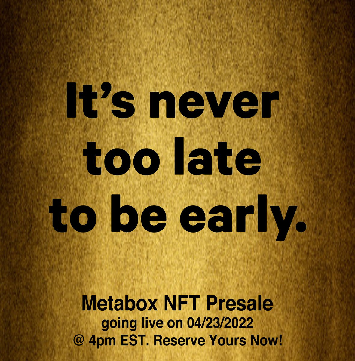 So you missed out on Bitcoin, BAYC &amp; Cryptopunks in their haydays? 
Here is your CHANCE to make up!Get early access to the Metabox NFT Collection.Pre-Sales starts on 04/23/2022 @ 4pm EST.
(bit.ly/3E3yLgJ)
#nftutilities #EtheriumNFTs #NFTCommunity #nftdrops
#nftcollector