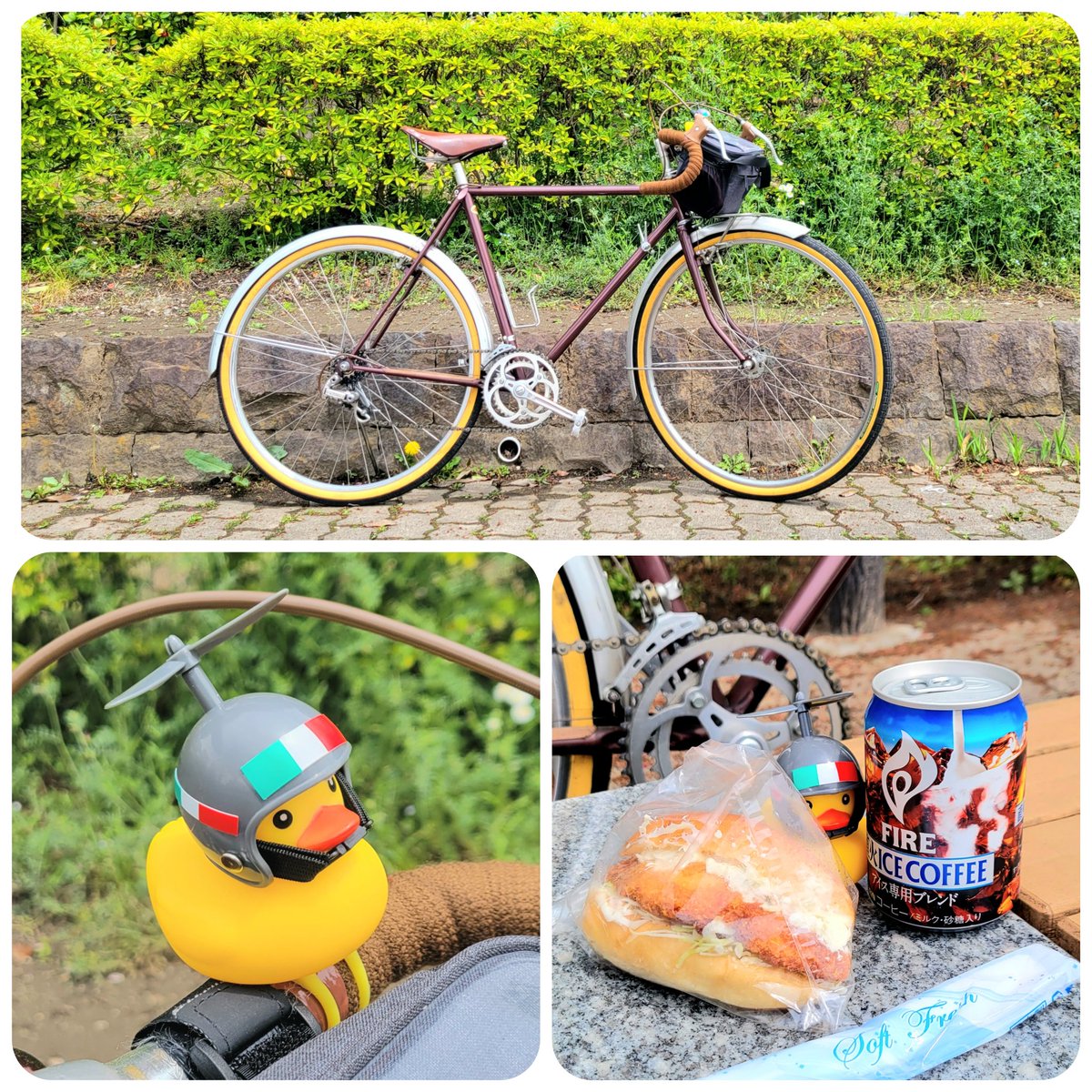 jollyboytwitte's tweet photo. ようやく晴れたので、オーグパンでフィッシュサンドを買ってランドナーでランチタイムライドへ♪
初めてのライドでアヒル隊長もテンション高めで、ヘルメットのプロペラをグルグル回していました(笑)
#lunchtimeride #ogupan #captainduck #randonneur 
#ランチタイムライド #ランドナー 
#アヒル隊長 https://t.co/hYuaLQRdC8