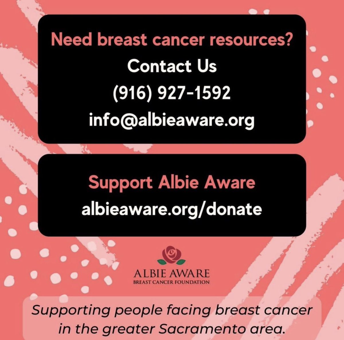AlbieAware's tweet photo. Albie Aware provides financial assistance towards medical bills for people facing breast cancer in the greater #Sacramento area. 

Want to support the work of Albie Aware? Go to https://t.co/Z33TsUzl5g.

#BreastCancer #BreastCancerAwareness https://t.co/MtOkimHWMA