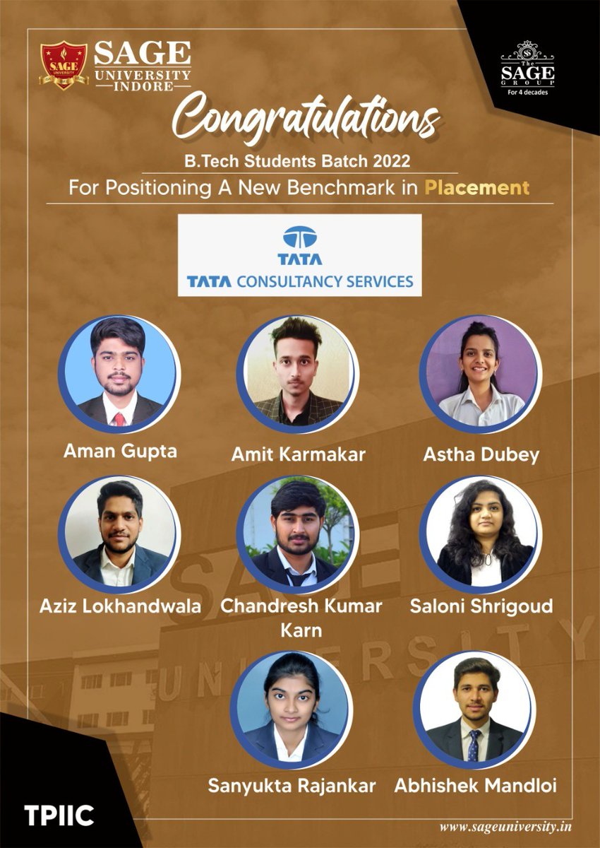 SAGE_INDORE's tweet photo. “You’re not obligated to win. You’re obligated to keep trying". Kudos to the student of B-tech for getting placed in TATA CONSULTANCY SERVICE(#TCS).
Sage University Indore wishes you success and prosperity in the future.  
.
.
.
.
.
.
#btechplacement #sageuniversityindore #tata https://t.co/dZxm8vzN8l
