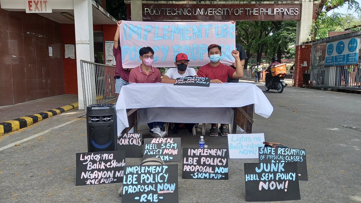 PUPTheCatalyst's tweet photo. Student councils, organizations, and non teaching personnels hold a press conference in front of the PUP Main Campus to assert the need for Ligtas na Balik Eskwela (LBE) to the university administration, April 21. https://t.co/tPl1B4A0Zp