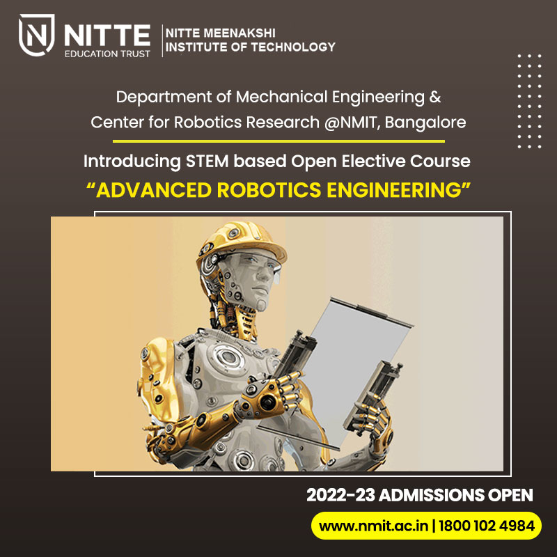 NMITBangalore's tweet image. Department of Mechanical Engineering and Centre for Robotics Research at NMIT, Bangalore are jointly introducing a STEM-based Open Elective course On &quot;Advanced Robotics Engineering&quot;. 

#MechanicalEngineering #AdvancedRobotics #Robotics  #ArtificialEngineering #Nitte #nmit