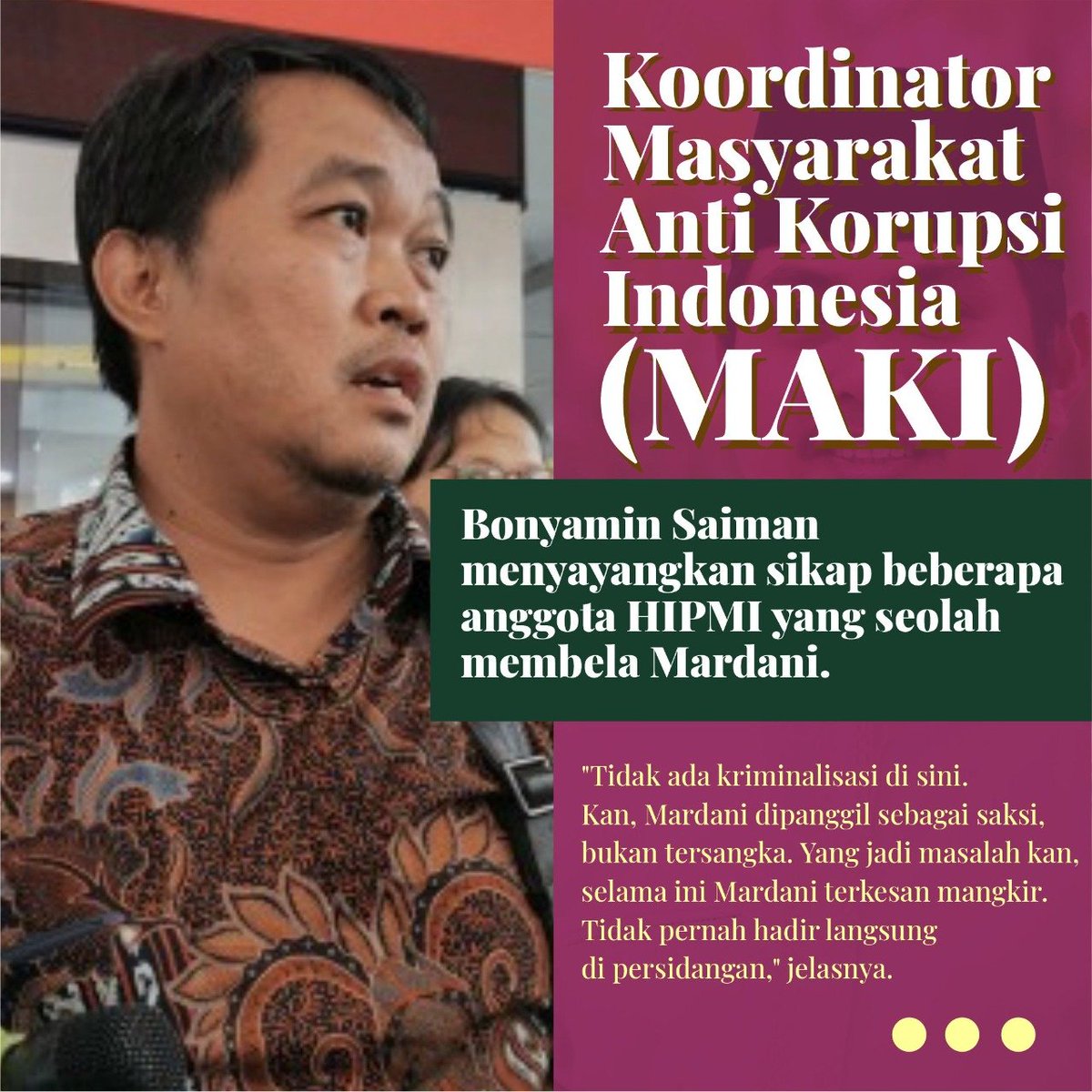 AbrahamLion7's tweet photo. Bonyamin menyayangkan sikap beberapa anggota HIPMI seolah membela Mardani HIPMI Halu
Mardani Tidak Dikriminalisasi
HIPMI Stop Halangi Proses Hukum
#HIPMIBlunderMardani https://t.co/Q8JyZiGXqh
