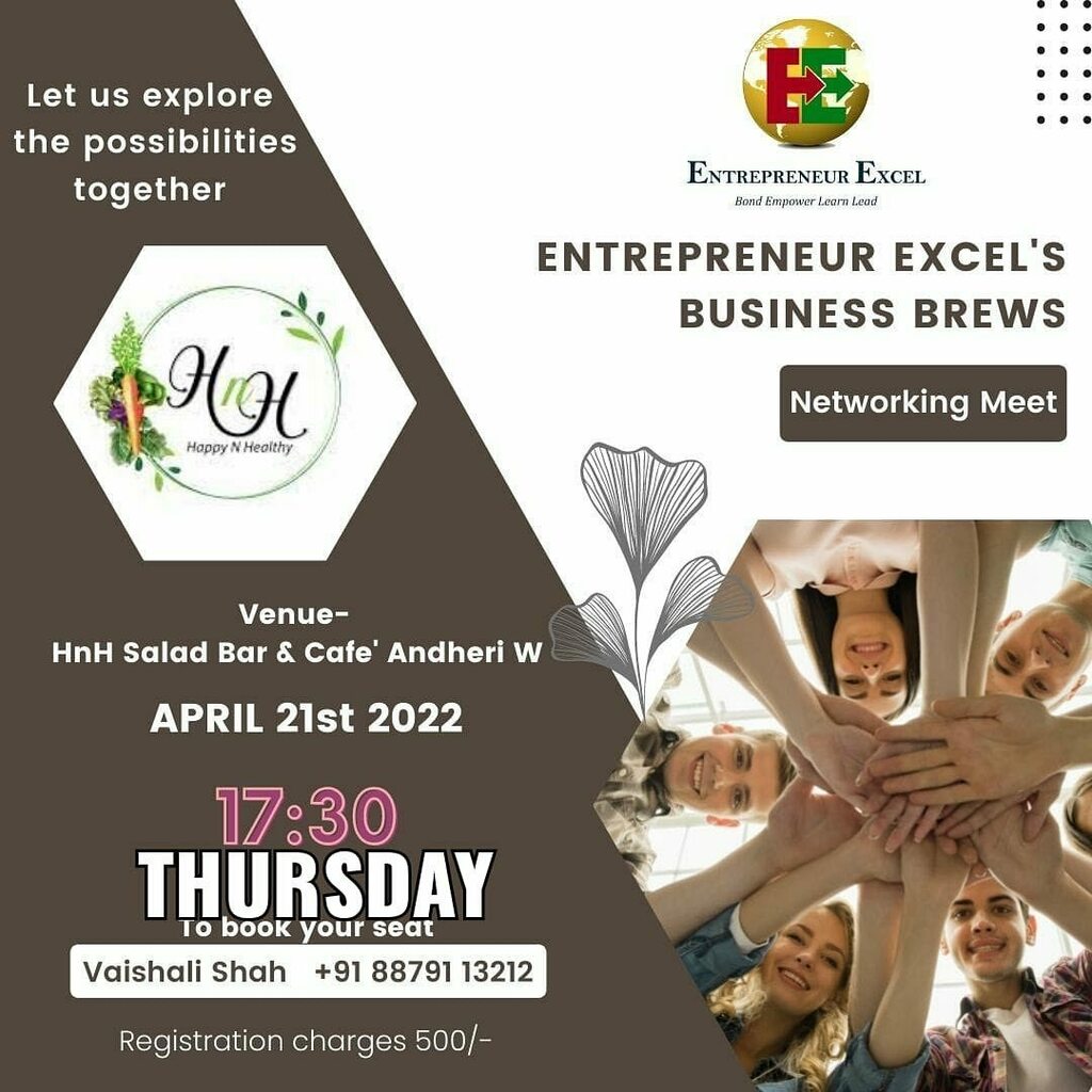 namratathakker3's tweet image. See you all today 5:00 pm @hnhsaladbarncafe #EntrepreneurExcel #BusinessBrews

Your Network= Your Networth
-Let us explore the possibilities together at Entrepreneur Excel&apos;s Business Brews- networking meet! 

Join us for an evening of networking &amp;amp; socializing, making new con…