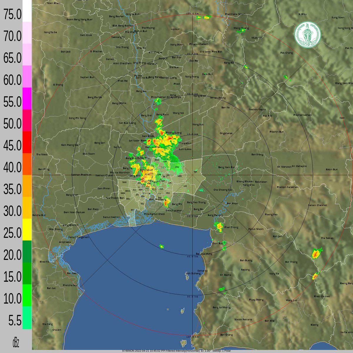 วันที่ 21 เมษายน 2565 / เวลา 10.45 น. / ฝนเล็กน้อยสลับปานกลาง อ.บางบัวทอง อ.ปากเกร็ด เมืองนนทบุรี ต่อเนื่อง เขตหลักสี่ จตุจักร บางซื่อ ดุสิต พญาไท ดินแดง