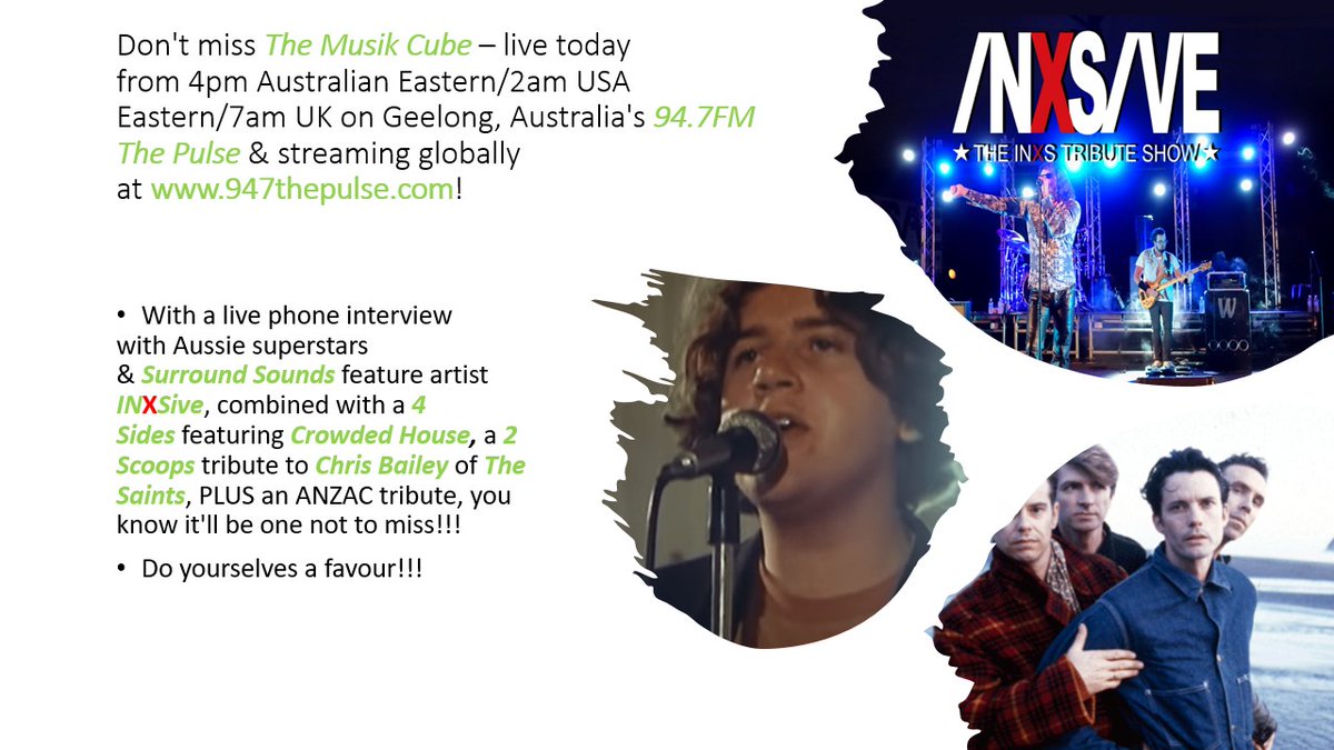 TheMusikCube's tweet photo. .@TheMusikCube LIVE from 4pm Australian Eastern/2am USA Eastern/7am UK on @947ThePulse, https://t.co/6GNc9pUyCq &amp; @TuneIn.Live phone interview with David from #INXSive as part of @GreaterGeelong's #SurroundSounds.
#4Sides - @CrowdedHouseHQ.
#2Scoops - #TheSaints.
@EddyKontelj https://t.co/Gjmmxmt3fD
