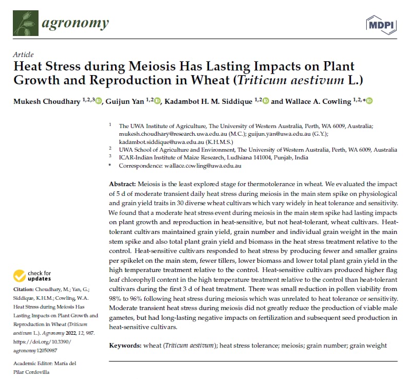 KadambotS's tweet photo. Lasting impact of heat stress in wheat at meosis. Just published in Agronomy@MDPI from @UWAresearch @IOA_UWA

https://t.co/tueVGzojTE https://t.co/ZbujNfsX9u