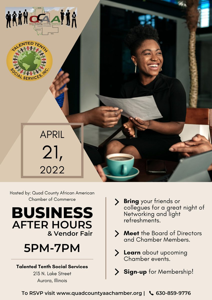 TMSGPublisher's tweet photo. Have you registered for our next Business After Hours event? Register at https://t.co/9l3CZUSbrU. We will see you at Talented Tenth Social Services in Aurora, IL https://t.co/BhmFjkvbmI