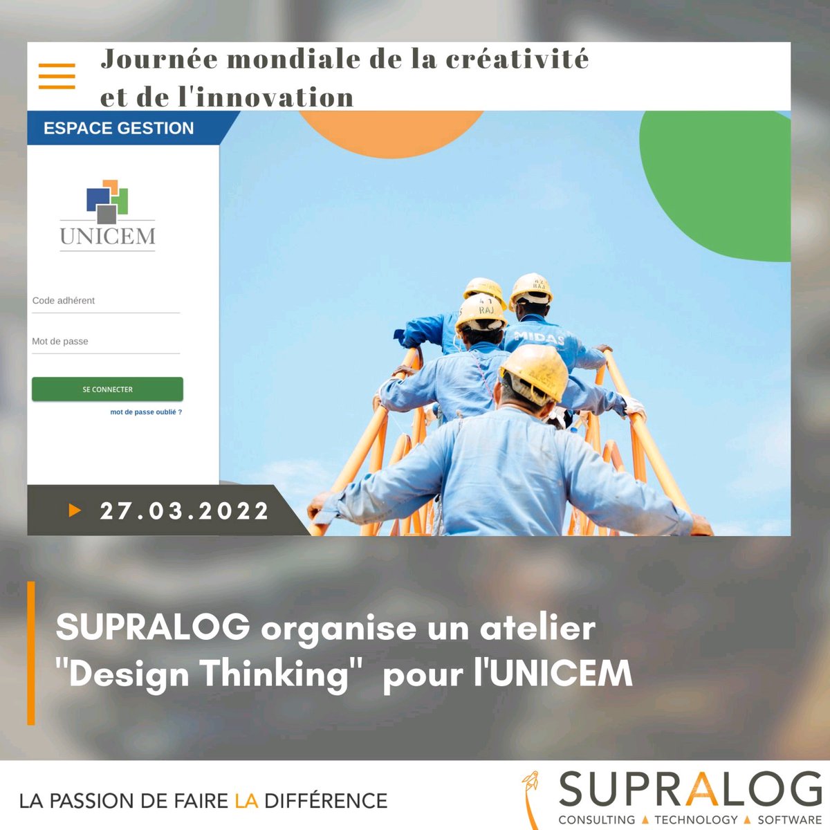 Supralog's tweet photo. 👀Journée Mondiale de la créativité et de l’innovation !

Toute la partie #design de notre solution @intrassoc est pensée et crée avec @sdecreme, Experte en UX/UI qui a animé un #atelier d'une journée en visio pour @fedeUNICEM dans le cadre d'une démarche de #DesignThinking. https://t.co/MC70gLghMH